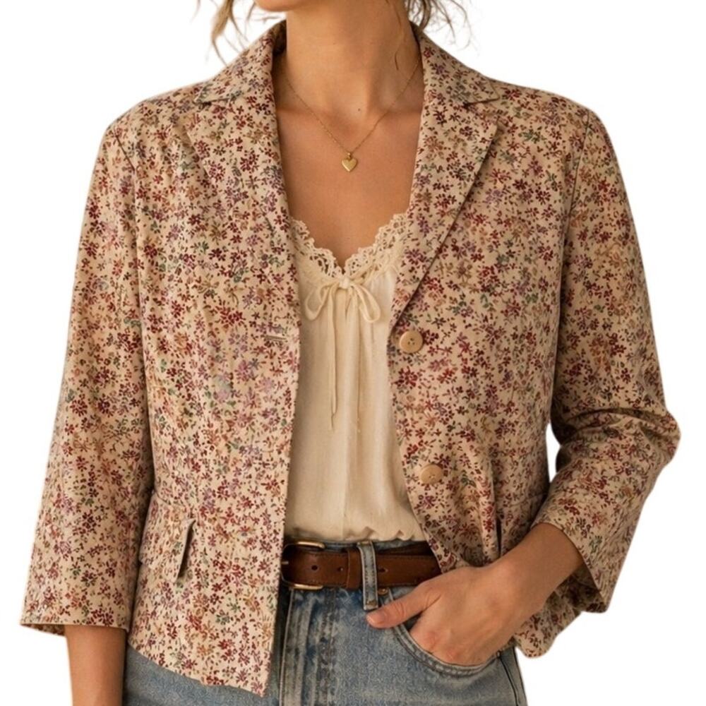 Express Size 3/4 Genuine Leather Suede Metallic Ditsy Floral Cottagecore Jacket